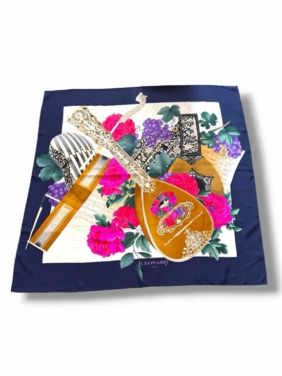 LEONARD Paris 100% Silk Scarf Baroque Arrangement Stringed Instrument Peony Navy - Picture 2 of 16